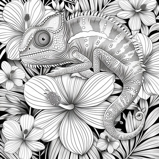 Chameleon changing colors on a tropical flower