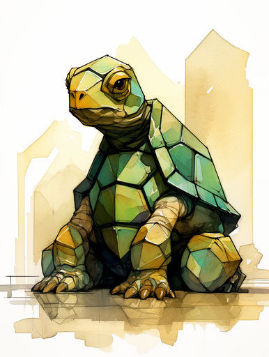 Turtle sitting on flat surface, cubist faceting style