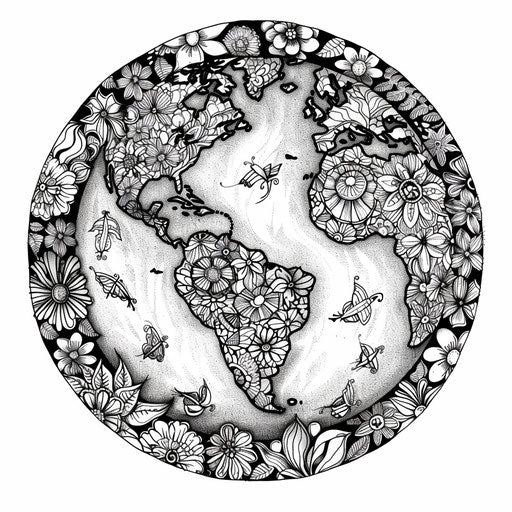 Earth with intricate floral patterns, coloring book page