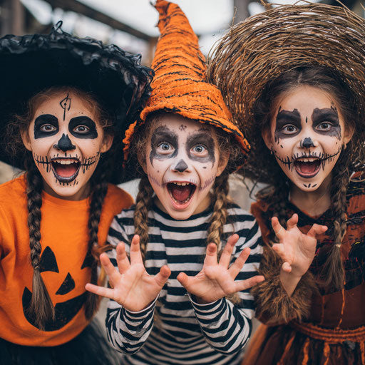 Three Young Girls in Joyful Halloween Costumes