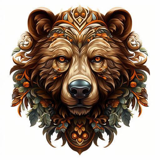 Brown tribal bear in detailed foliage tattoo design