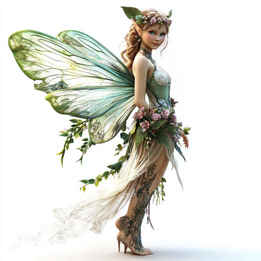 3D fairy in photorealistic style on flat white background