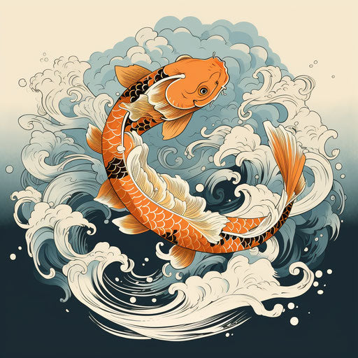 Two koi fish with waves in the background, in the style of psychological phenomena illustrations, light sky-blue and amber, black and white ink, symmetrical
