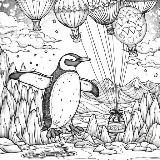 Flying penguin with balloons over icy landscape
