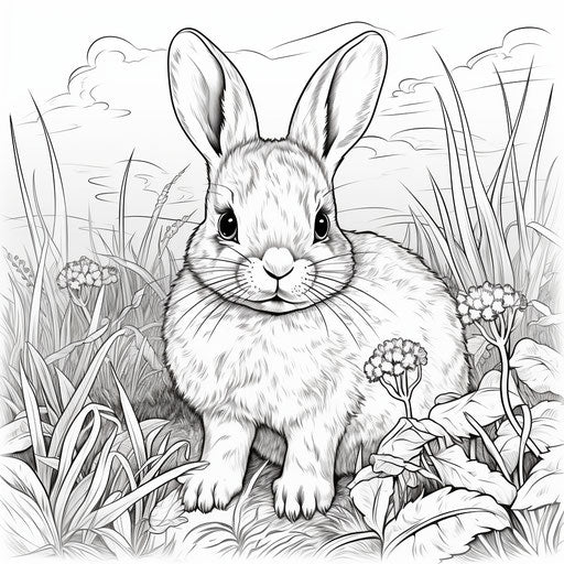 The little bunny in the grass coloring page, captivating