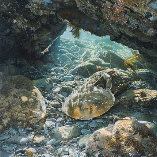 Horseshoe crab navigating through underwater rocks and corals