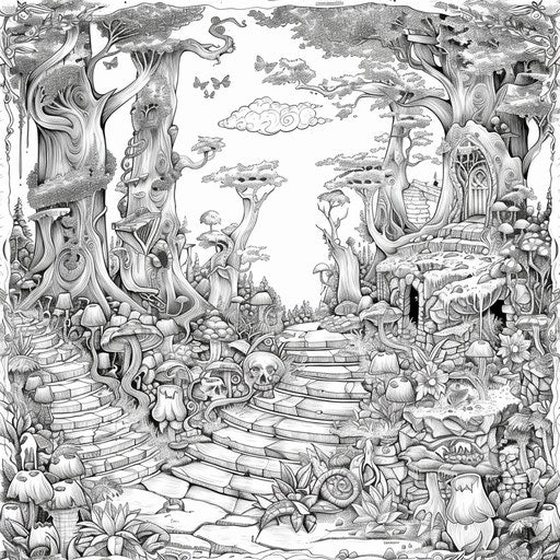 Magical creepy trippy forest with enchanted elements