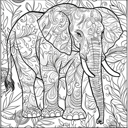 Gentle elephant on peaceful background in Gennady Spirin style