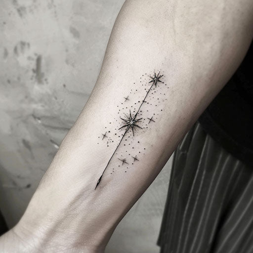 Minimalist flat tattoo sketch of a magic wand casting sparkling stars