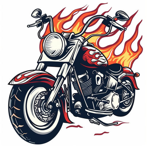 Illustration of a motorcycle and flames tattoo in American traditional style, bold colors on a white canvas.