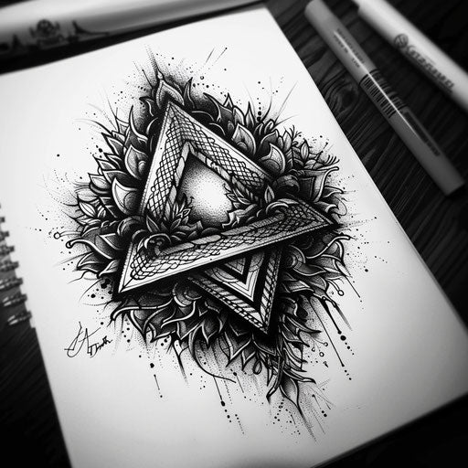 Bohemian mandala tattoo sketch of a Valknut with intricate lace patterns