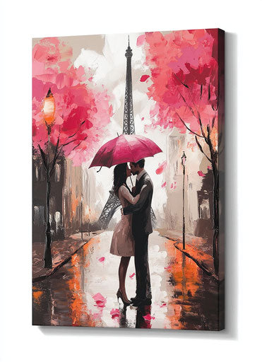 Romance under an umbrella in front of the Eiffel Tower