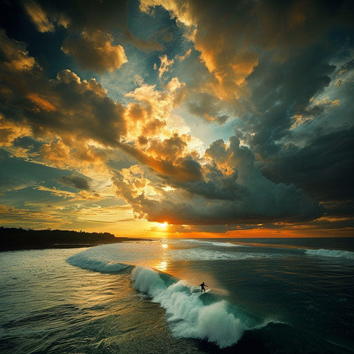 Pandawa Beach, Indonesia: Surfer riding waves under a dramatic sky