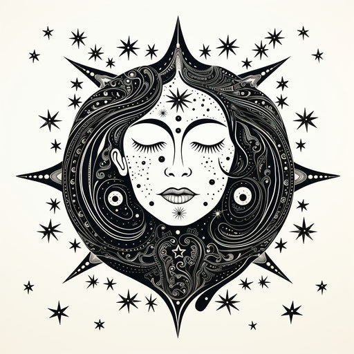 Starry moon mandala tattoo design on woman silhouette