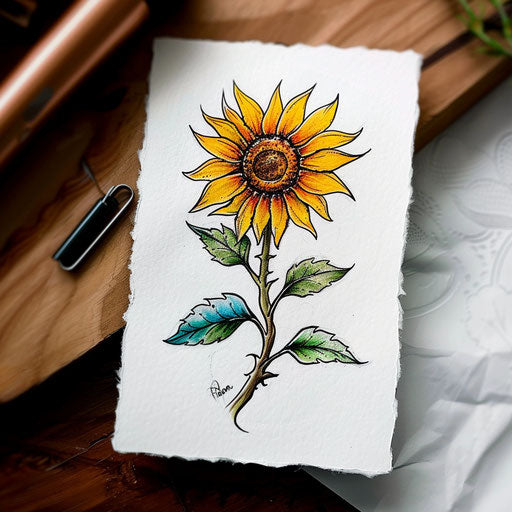 Sunflower tattoo in bold colors on white paper