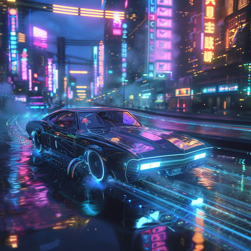 Cyberpunk Chevy Bel Air in a futuristic city