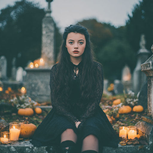 Young woman in dark attire among gravestones and pumpkins