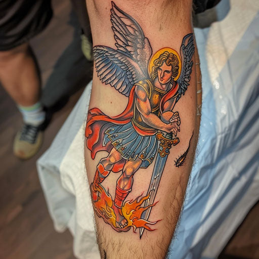 Colorful tattoo of Saint Michael with a flaming sword
