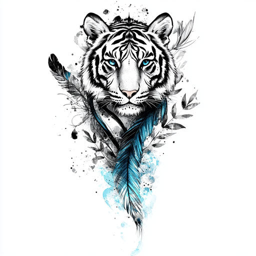 Stylized tiger with feathers and smoke on hand tattoo