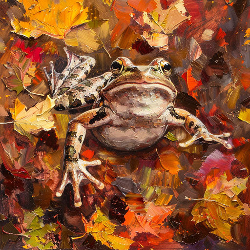The frog leaping through autumn leaves