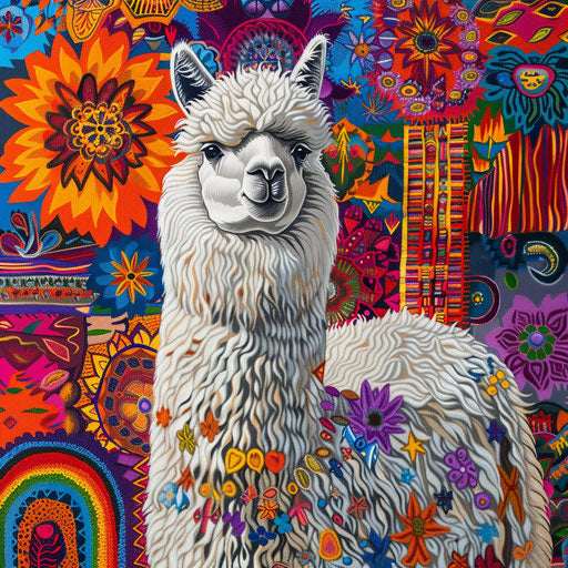 Vibrant painting of an alpaca among a field of colorful Andean textiles, celebrating cultural heritage