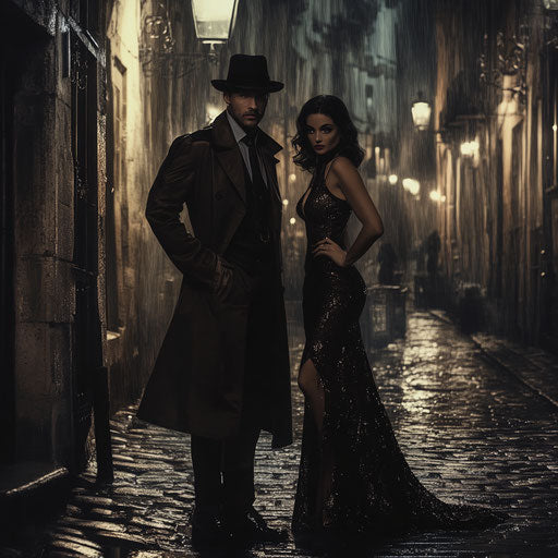 Mysterious man in trench coat and glamorous woman in the rain