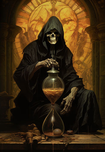 The grim reaper holding a glass hourglass