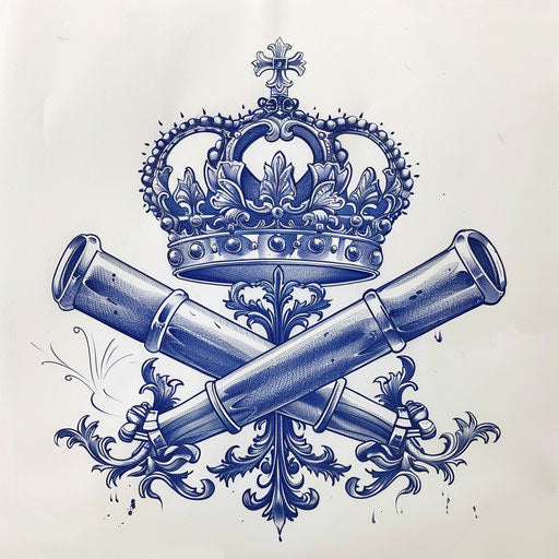 Navy tattoo: crossed cannons under a crown in royal blue heraldic style on white background