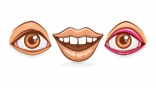 Happy face with big brown eyes and pink lips