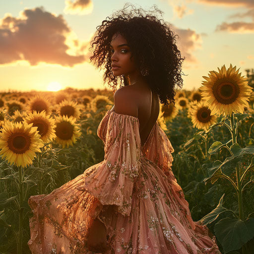 Black model with natural curls in a bohemian dress