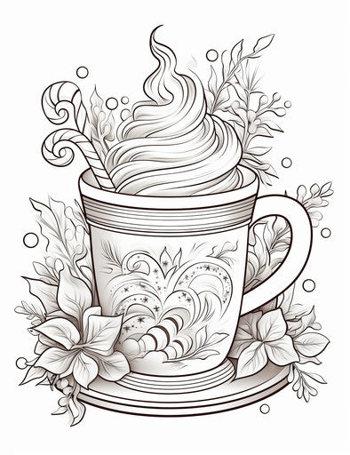Printable coloring page with a cup of hot chocolate and a straw