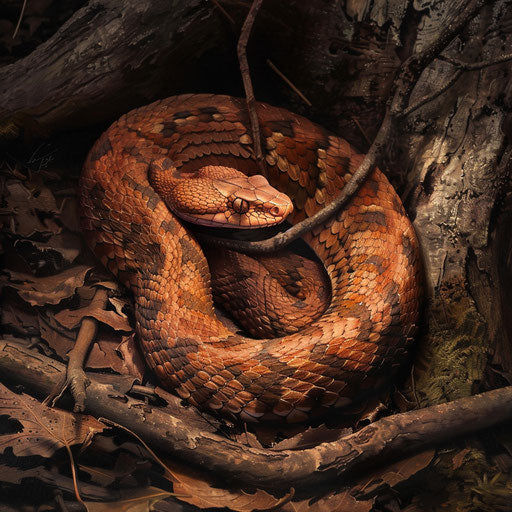 Copperhead snake coiled on forest floor