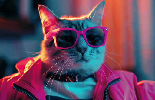 A cat in pink sunglasses and a techno-organic jacket