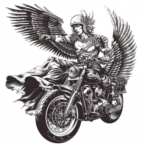 Steampunk style tattoo stencil of Archangel Michael with steampunk motorcycle