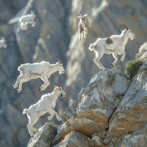 Mountain goats leaping dynamically between rocks