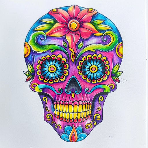 Sketch of a cultural flat tattoo of a neon sugar skull with vivid festive colors