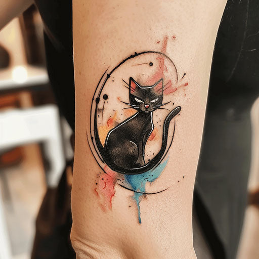 Watercolor black cat tattoo on white background