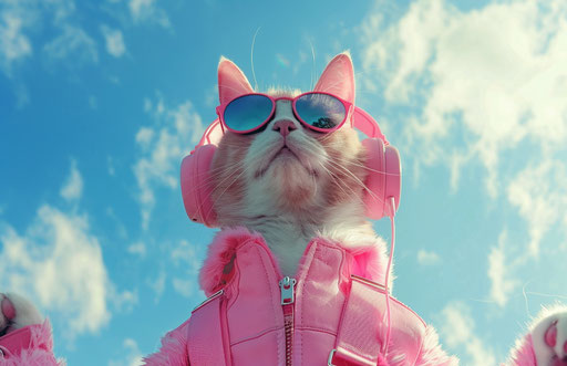 A cat in pink with headphones and sunglasses standing in the sky, in the style of futurist, iconic, socially minded