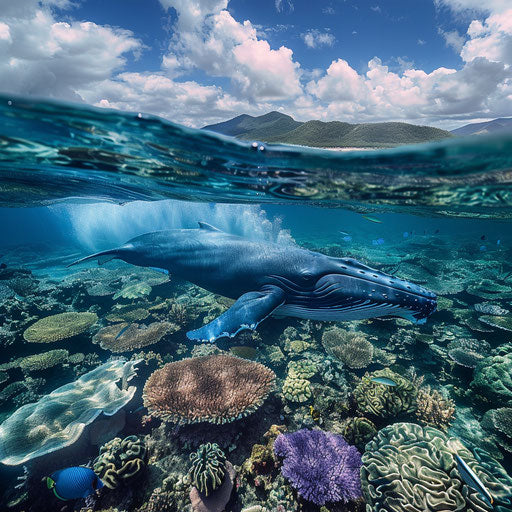 Blue whale swimming in the azure waters of the Great Barrier Reef