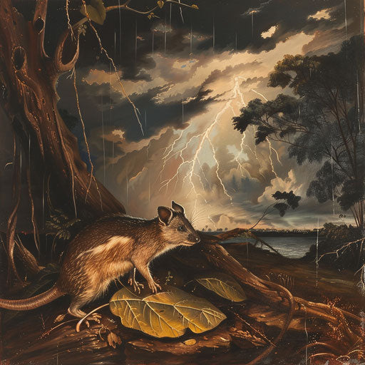 Thunderstorm over Australian landscape, bandicoot sheltering under leaf