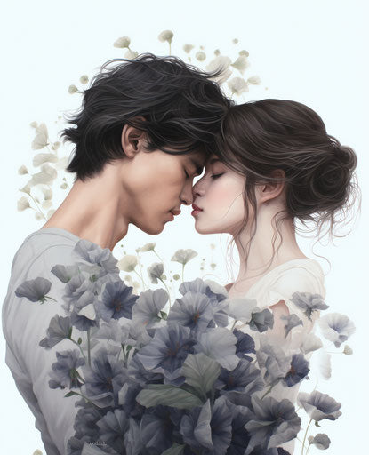 Romantic kiss with hearts and flowers, animated GIF style, innocent