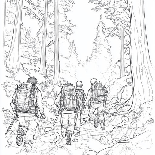 Friends exploring forest trail, Hideo Kojima style