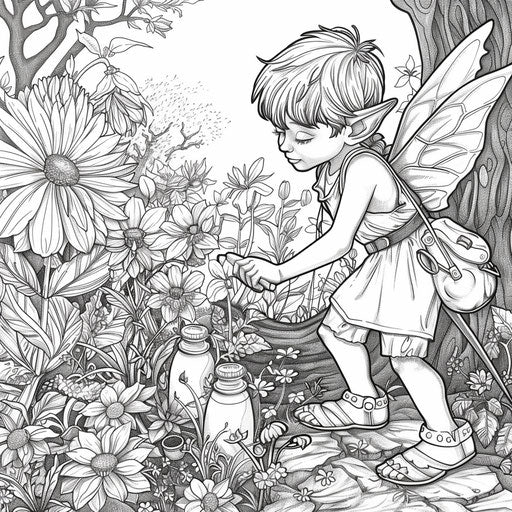 A garden elf tending to magical plants and flowers