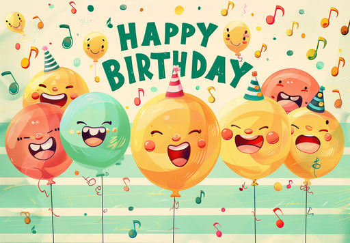 Birthday card with balloon party emoji, light green striped background