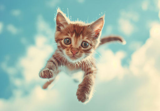 Adorable kitten flying in the sky with eyes wide open