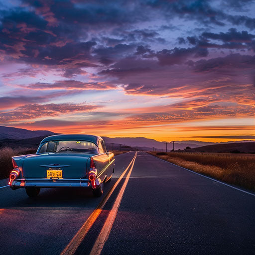 Classic car on open road at dawn