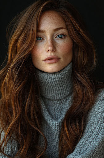 Woman in grey sweater, eye contact, positive model, pro photo