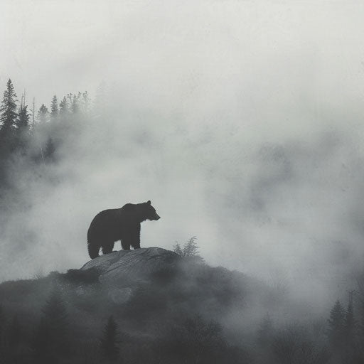Black bear in misty mountain scenery, ethereal and serene