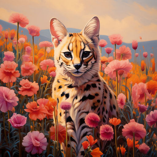 A serval cat in a field of flowers