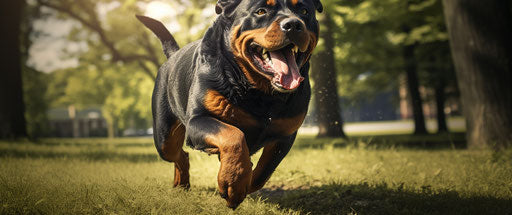 Rottweiler dog running in the park, massurrealism style